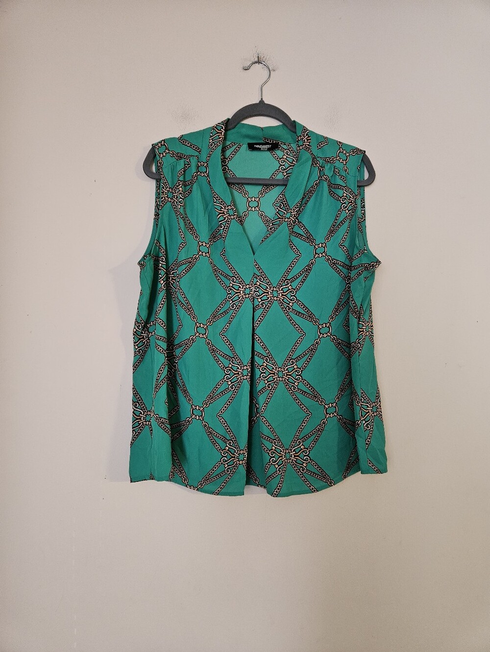 Nine West Teal Sleeveless Geometric Chain Print Blouse,  Size Large